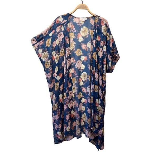 Band of Gypsies Womens Large Kimono Duster Open Front Floral Bohemian Boho Blue - Picture 1 of 5